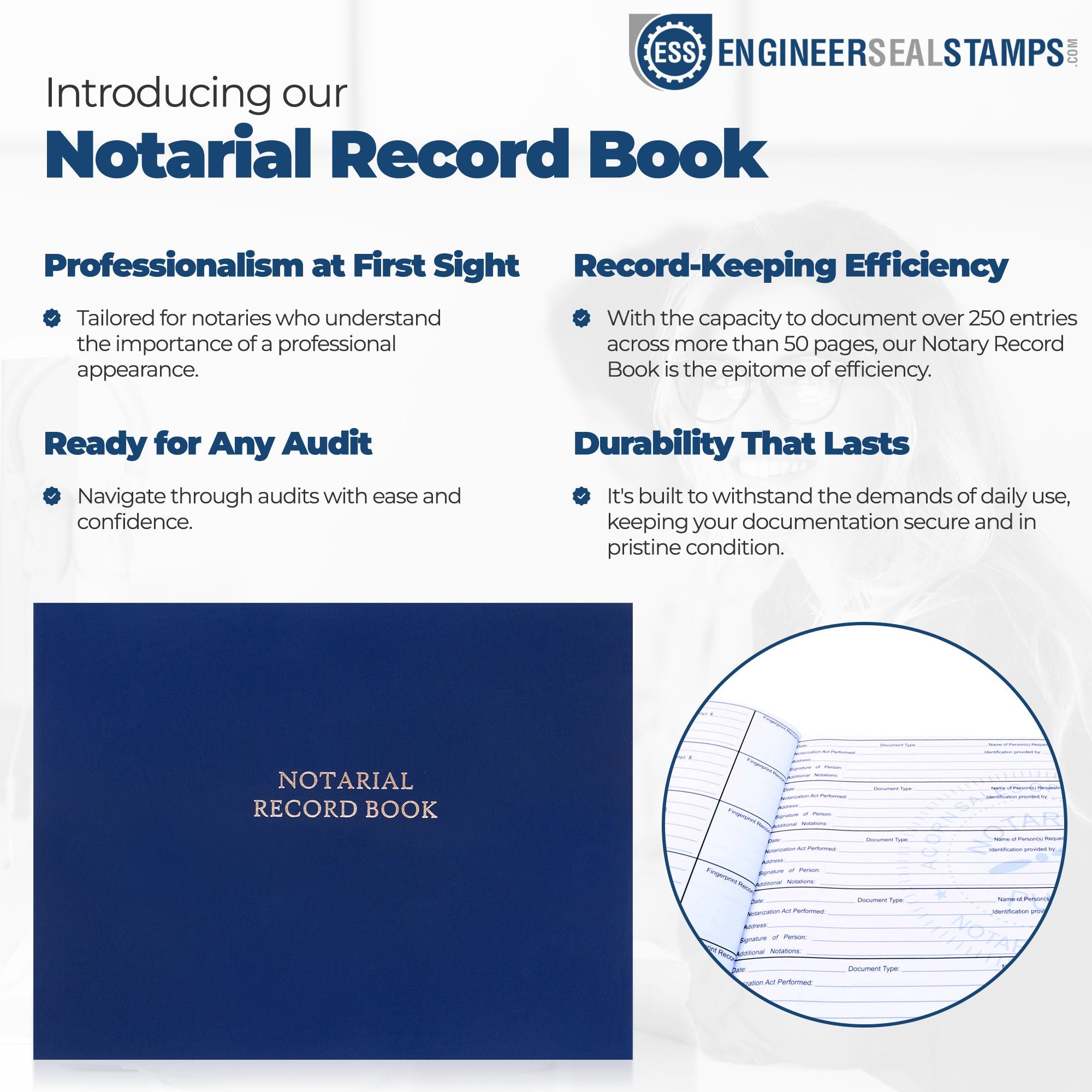 Blue notarial record book with white lined pages, promoting stamp and seal record-keeping by Engineer Seal Stamps.