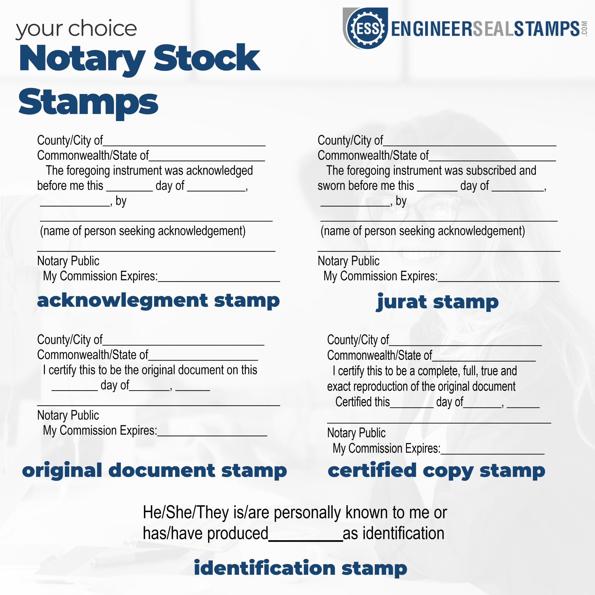 Blue and black notary stock stamp templates for acknowledgement, jurat, certified copy, original document, and ID seals.