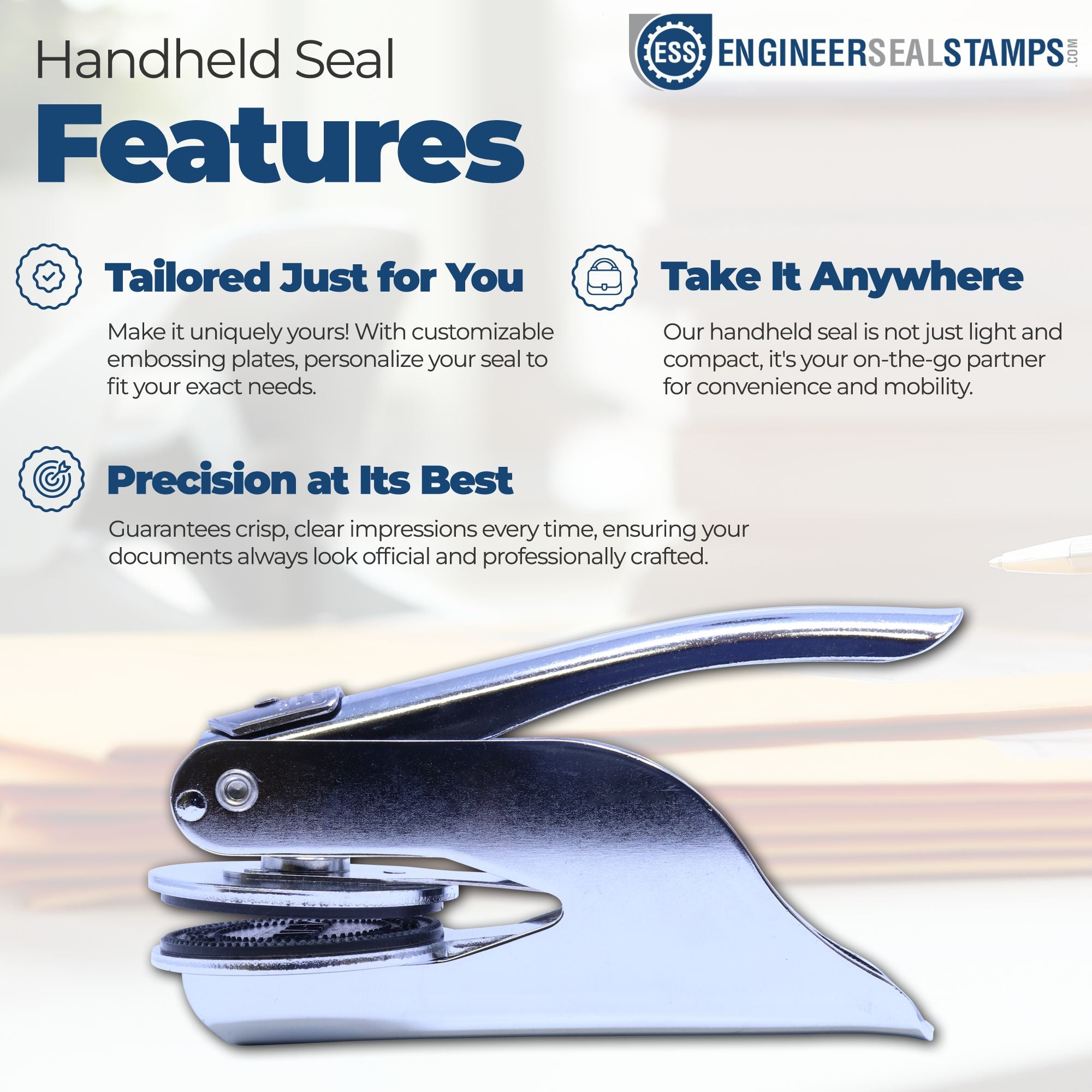 Silver and black handheld seal stamp with blue branding, showing customizable, portable embossing features.