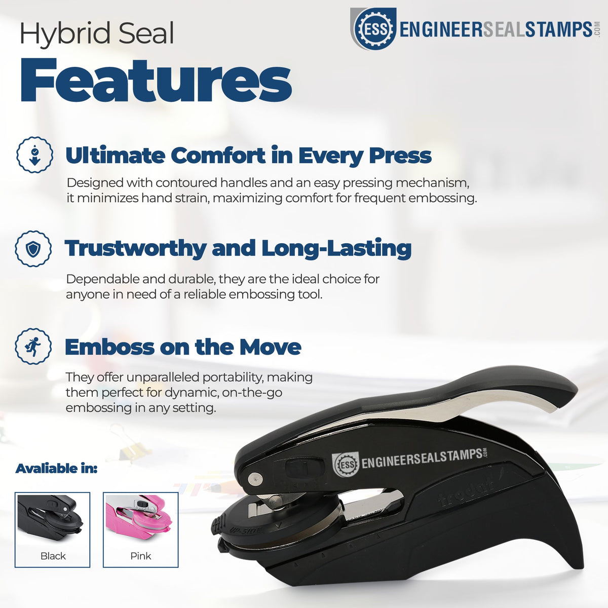 Hybrid Seal embossing stamp features poster with black portable seal and pink option on a white background.