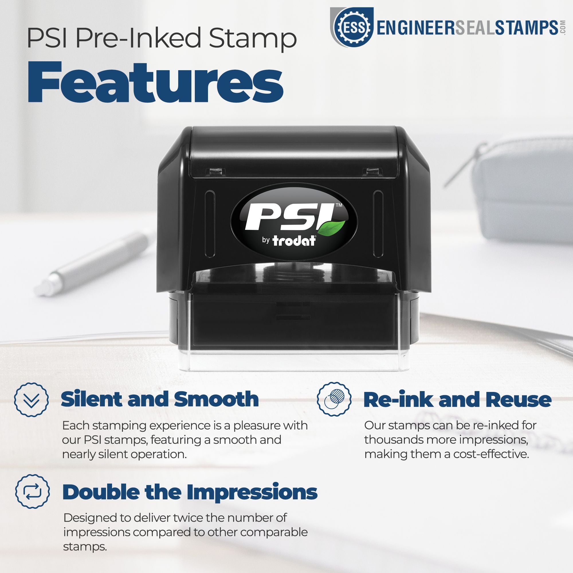 Black PSI pre-inked self-inking stamp with blue branding, highlighting silent operation, re-inkable design, and double impressions.