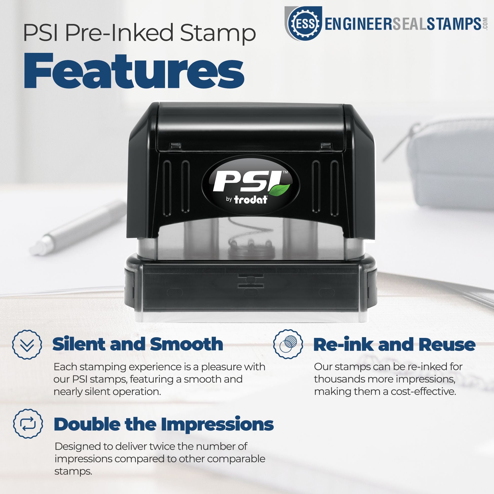 Black PSI pre-inked stamp by Trodat on white background with blue feature text and EngineerSealStamps branding.
