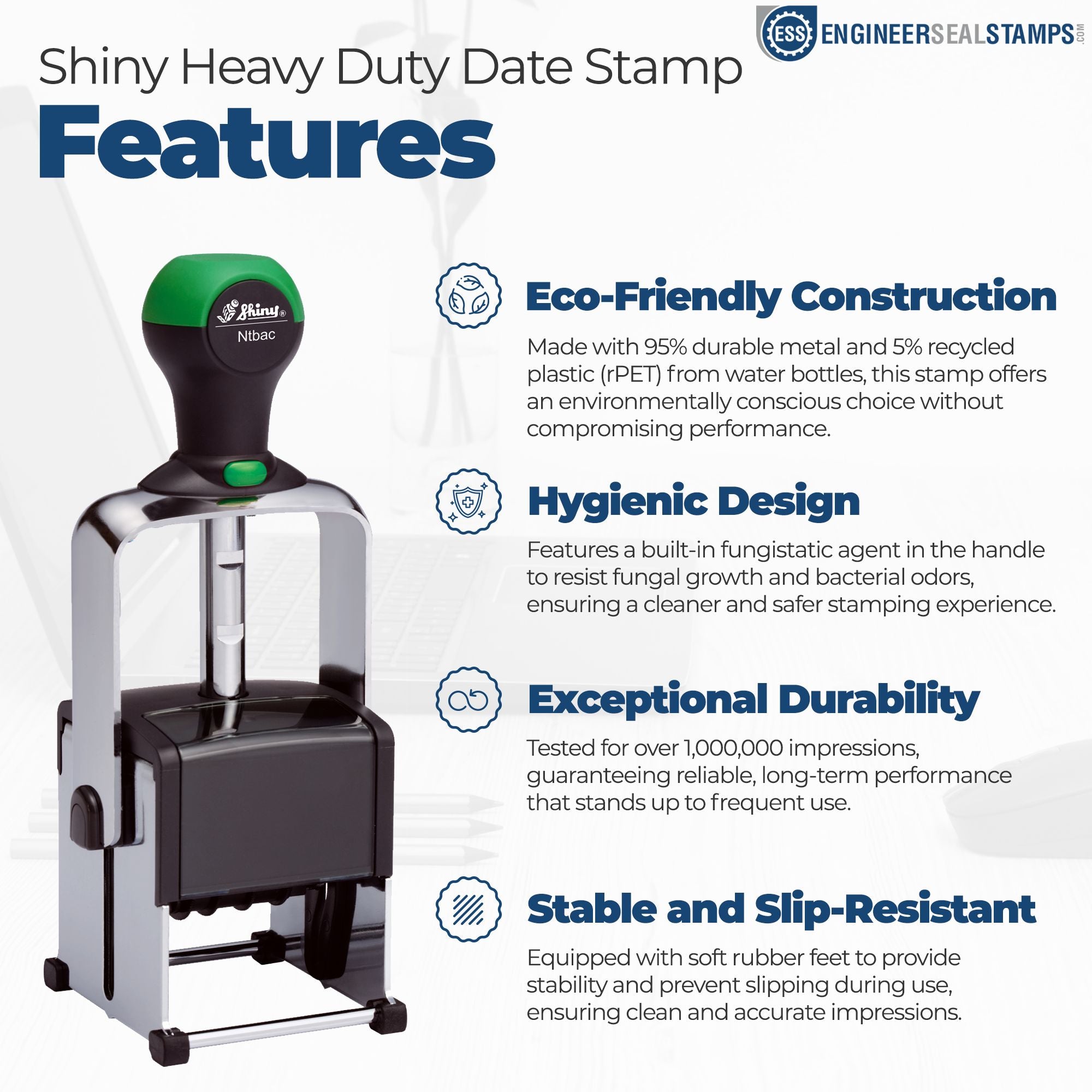 Green-and-black heavy-duty stamp and seal with silver frame, eco-friendly recycled build, hygienic design, and slip-resistant feet.