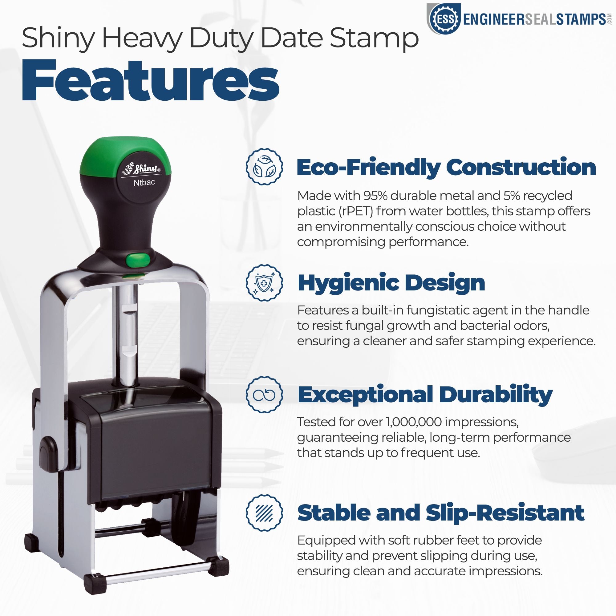 Green and black self-inking date stamp with silver frame, eco-friendly, hygienic, durable, slip-resistant features.