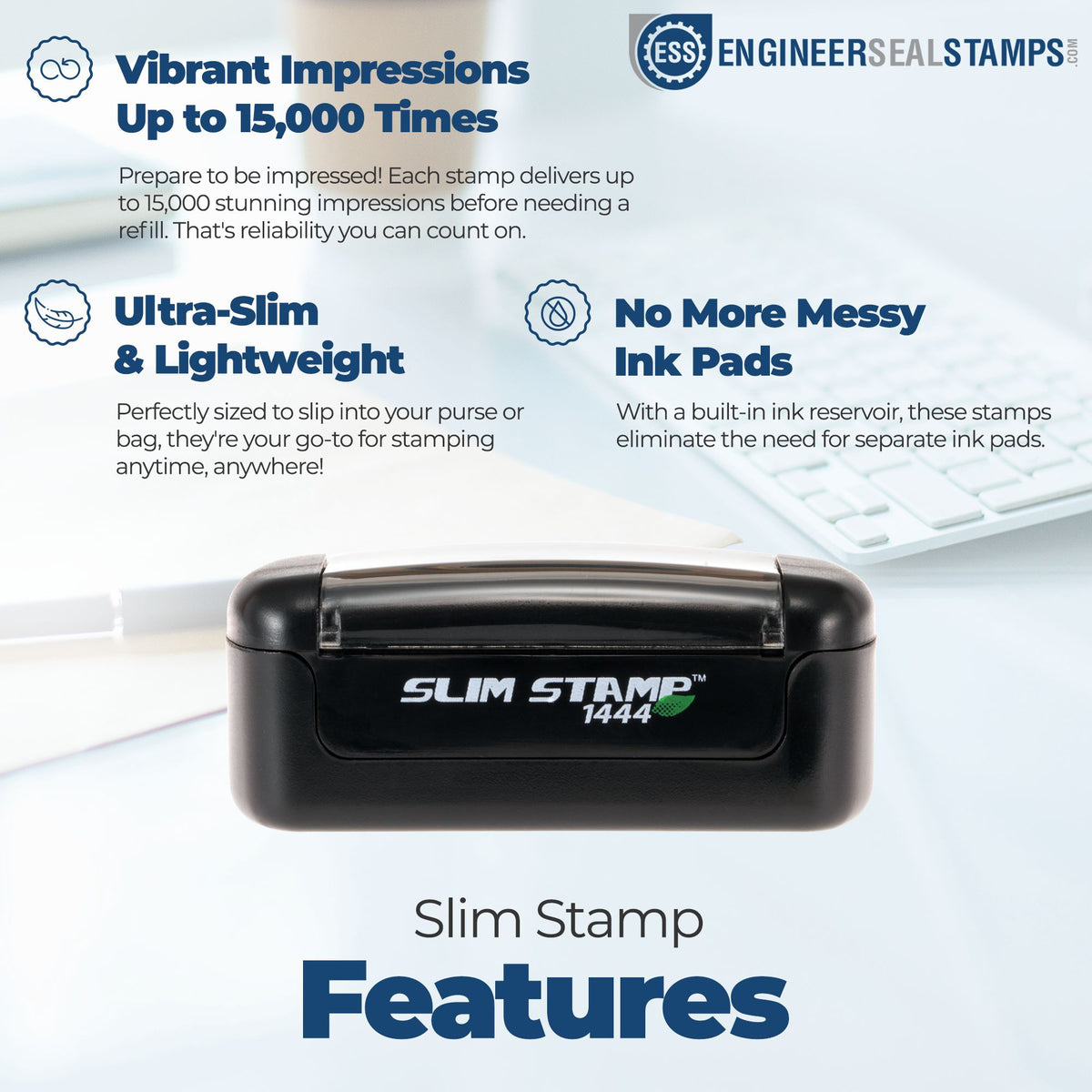 Black slim stamp seal with blue text highlighting 15,000 impressions, ultra-slim design, and built-in ink pad.