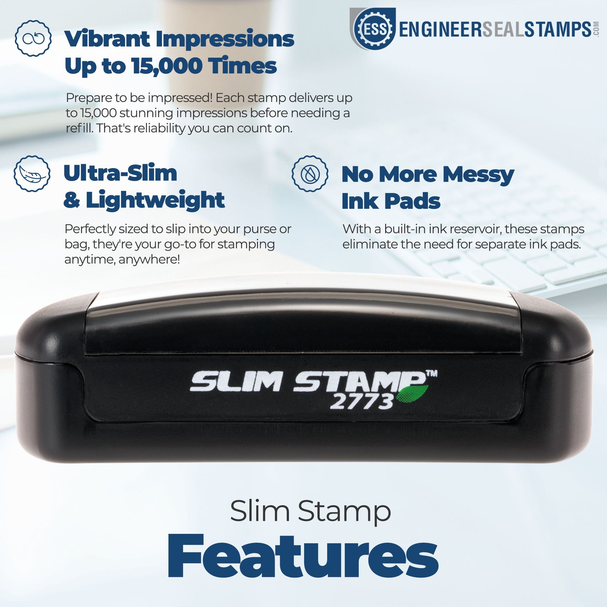 Black Slim Stamp 2773 self-inking seal with blue product features text on a light background.