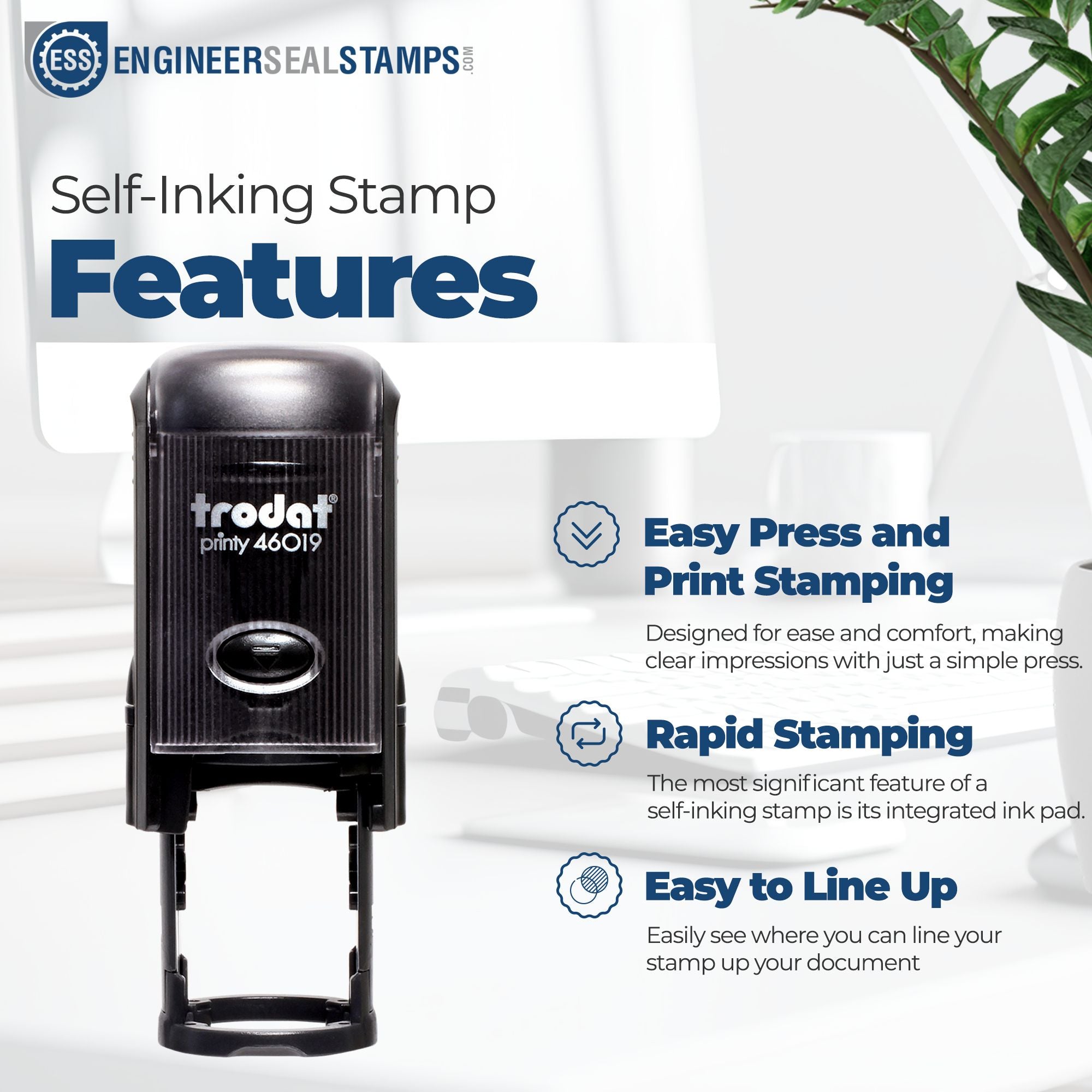 Black self-inking stamp and seal product graphic with blue headings for easy press, rapid stamping, and alignment.