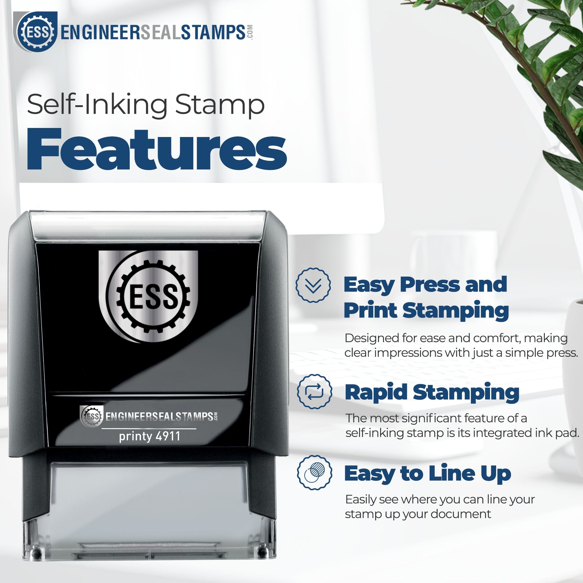 Black self-inking engineer seal stamp with blue-white branding, easy press printing, rapid stamping, and alignment guide.