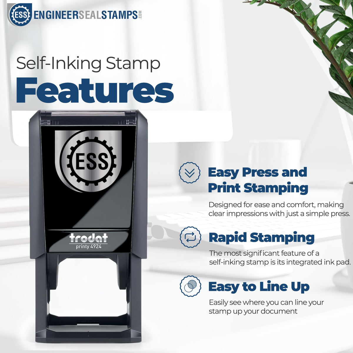 Black ESS self-inking stamp and seal product with blue logo, easy-press print, rapid stamping, and alignment guide.