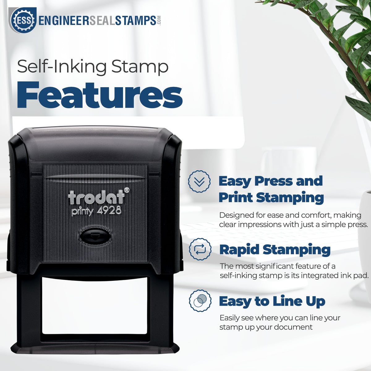 Black Trodat self-inking stamp with blue Engineer Seal Stamps branding, feature list, and white background