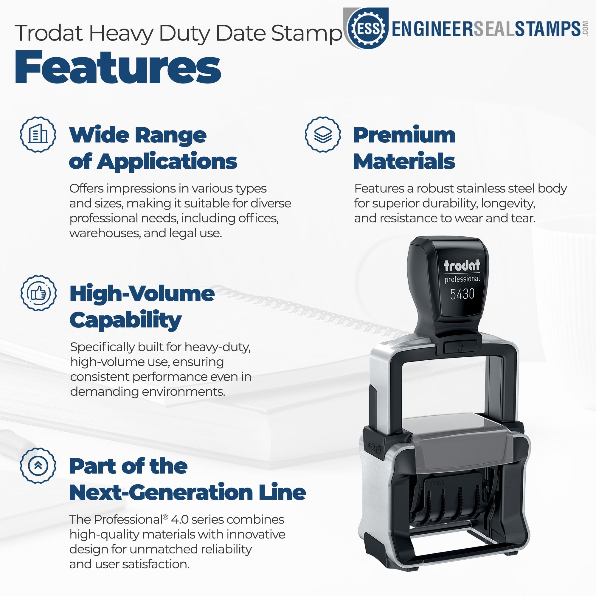 Black and silver Trodat heavy-duty date stamp seal with blue feature text, highlighting premium materials and high-volume use.