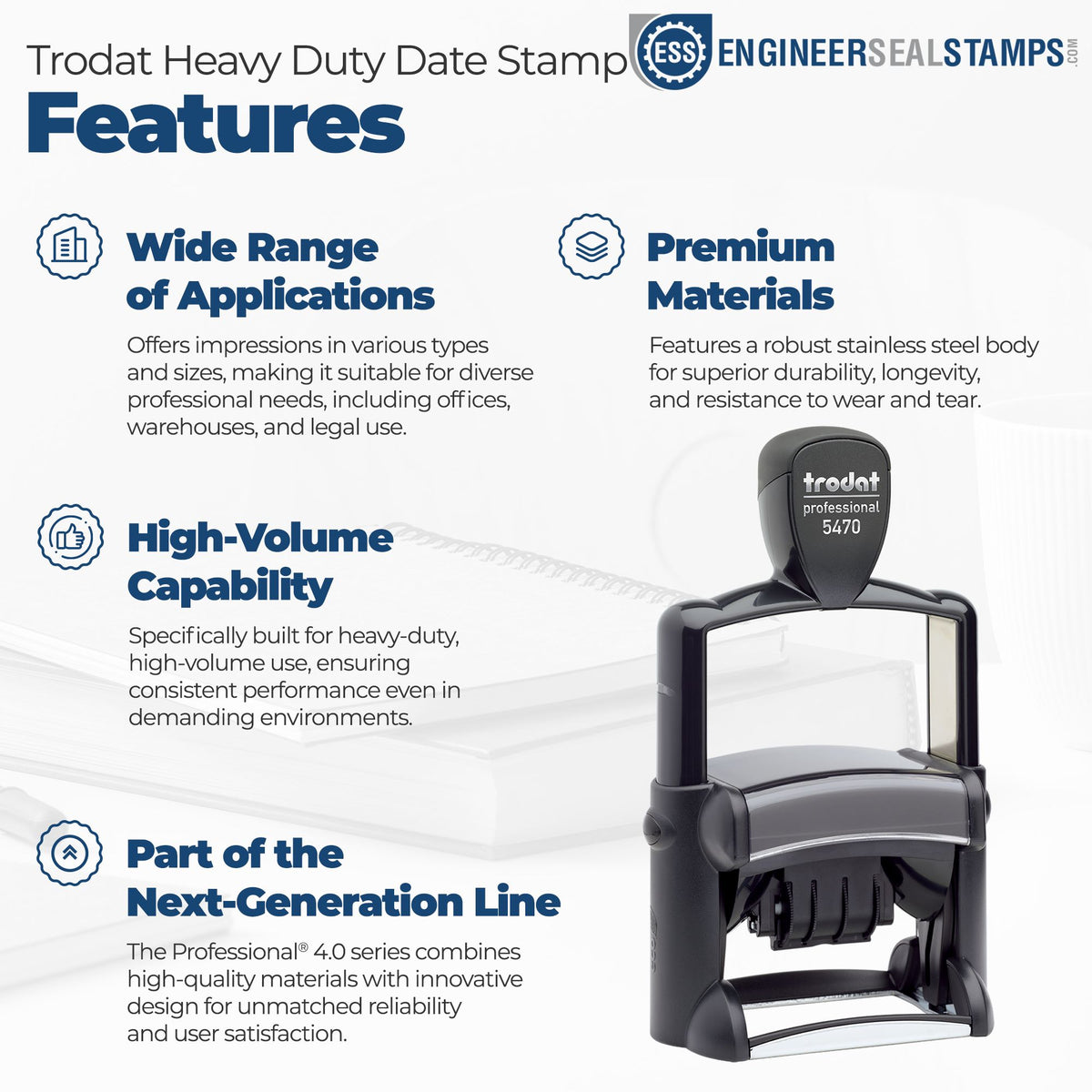 Infographic for Trodat heavy-duty date stamp and seal, featuring a black Professional 5470 stamp with blue feature headings and icons.