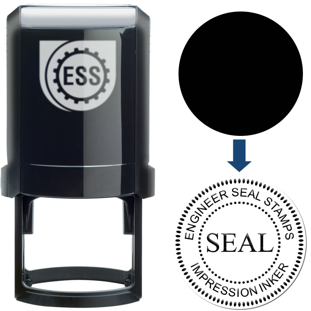 Image of a black Notary Seal Impression Inker with the ESS logo, shown next to a sample seal impression and a black ink circle.