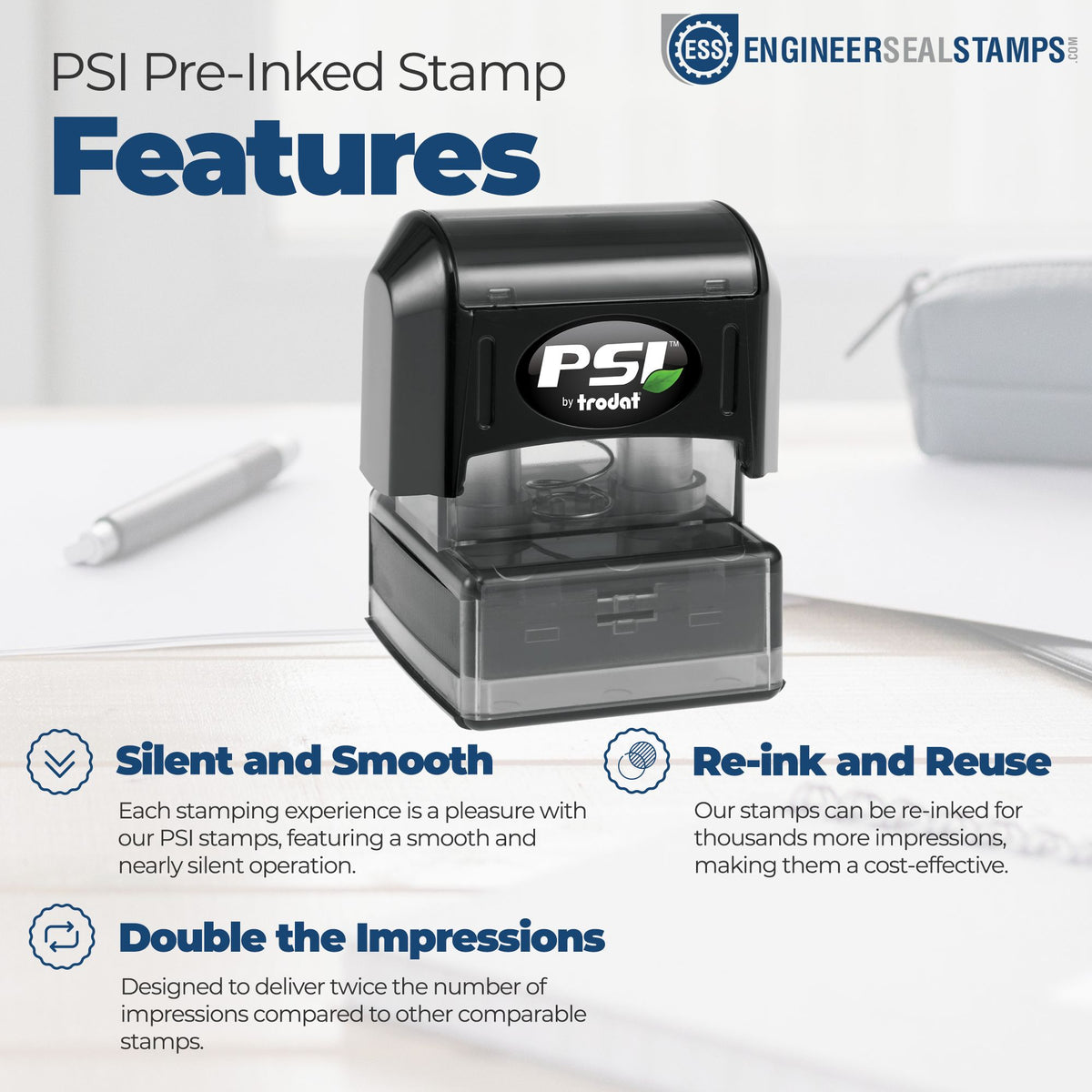 Black PSI pre-inked stamp and seal product poster with blue headings on a white background, highlighting silent, re-inkable stamping.