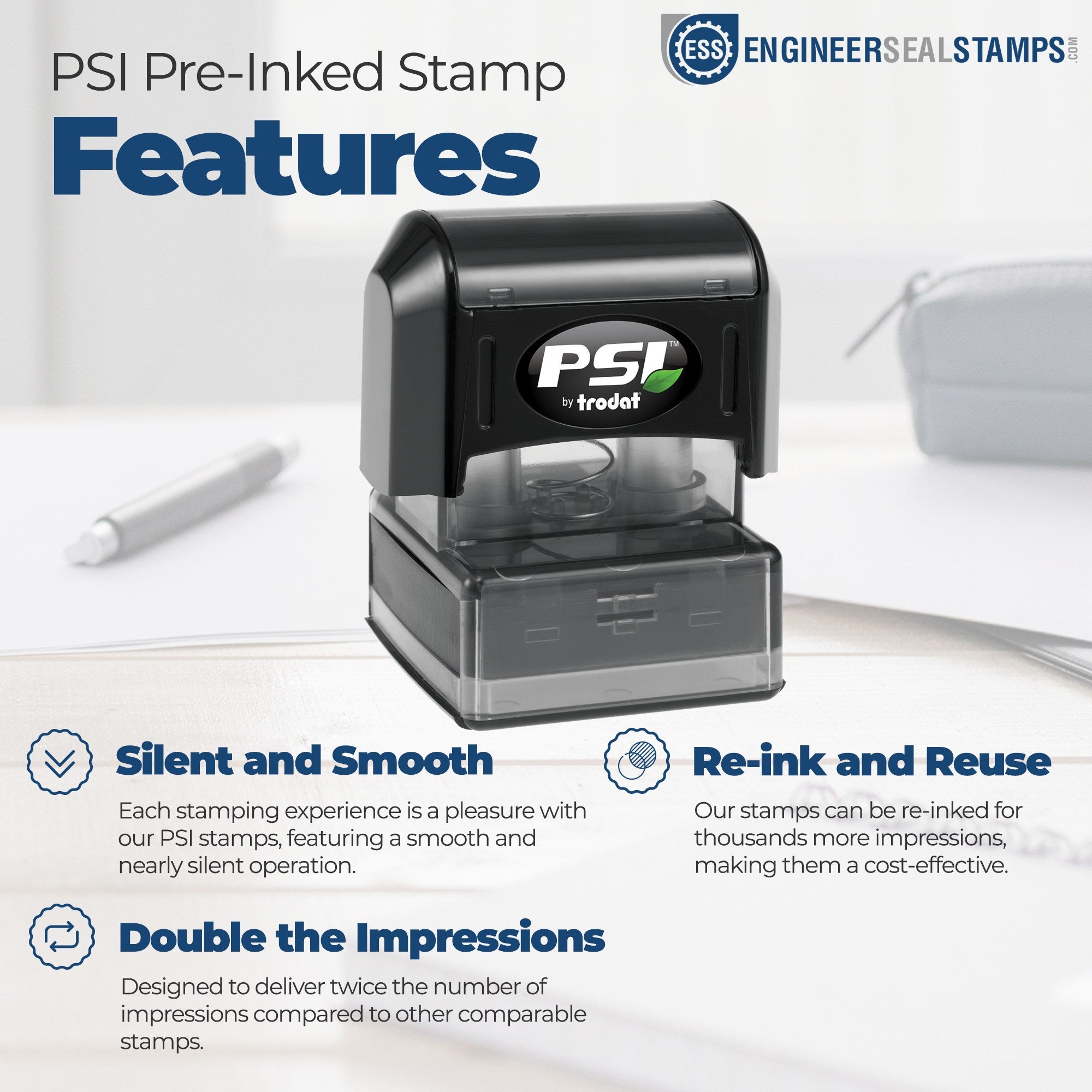 Black PSI pre-inked stamp and seal with clear housing, highlighting silent, reusable, double-impression features.