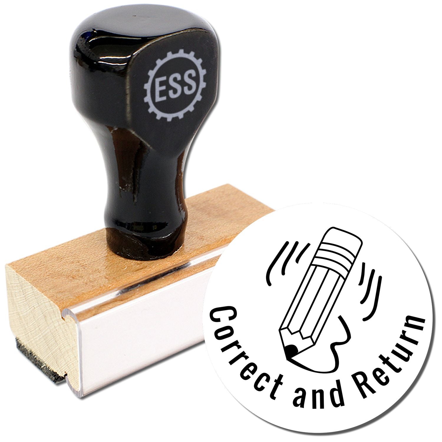 Round Correct and Return Rubber Stamp with a black handle and wooden base, next to a stamped image of a pencil and text.