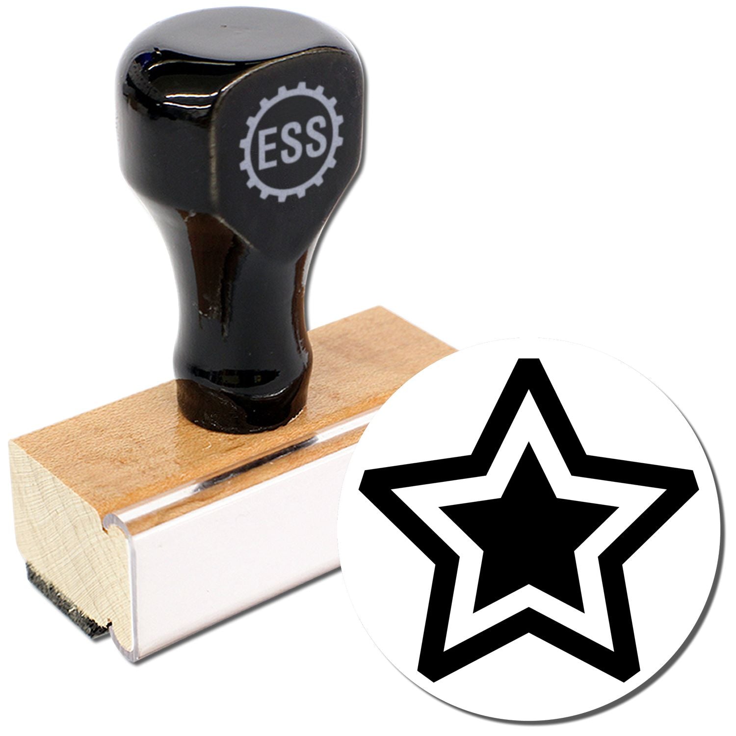 Round Double Star Rubber Stamp with a wooden handle and black grip, featuring a double star design imprint.