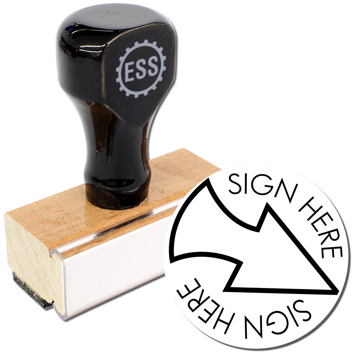 Round Sign Here with Arrow Rubber Stamp featuring a black handle and wooden base, with a circular imprint design.