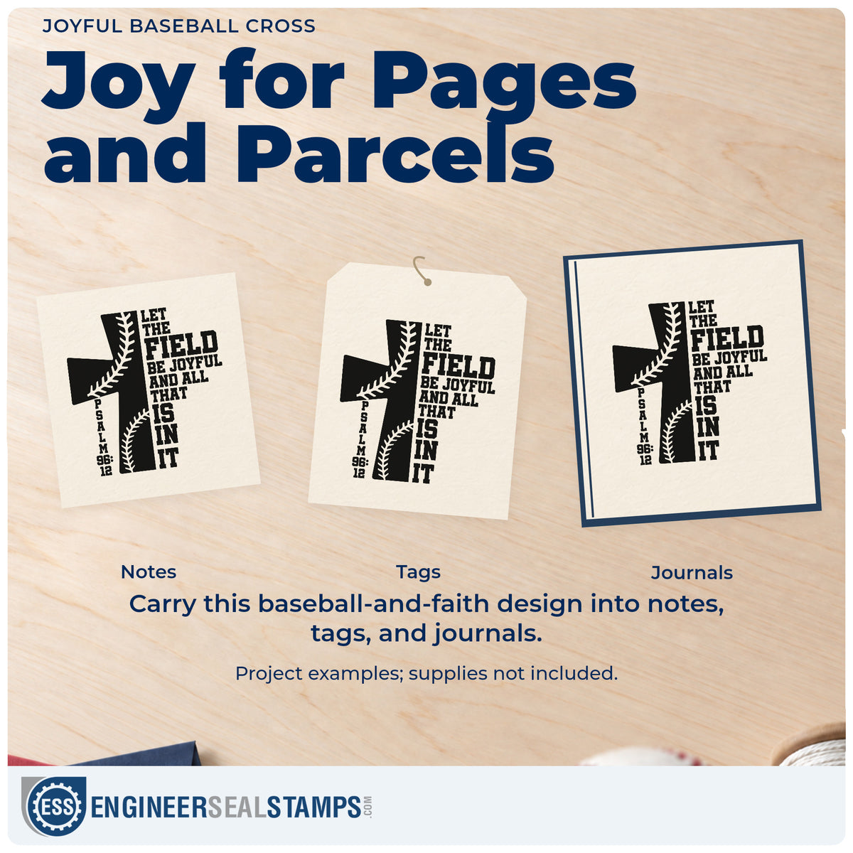 Three project examples made with the Joyful Field Baseball Stitch Cross Premium Wooden Stamp - Vintage Pro, including season memory books.