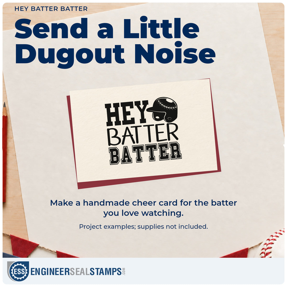 A finished handmade project stamped with the Hey Batter Batter Pre-Inked Stamp – Slim, ideal for birthday party invites.