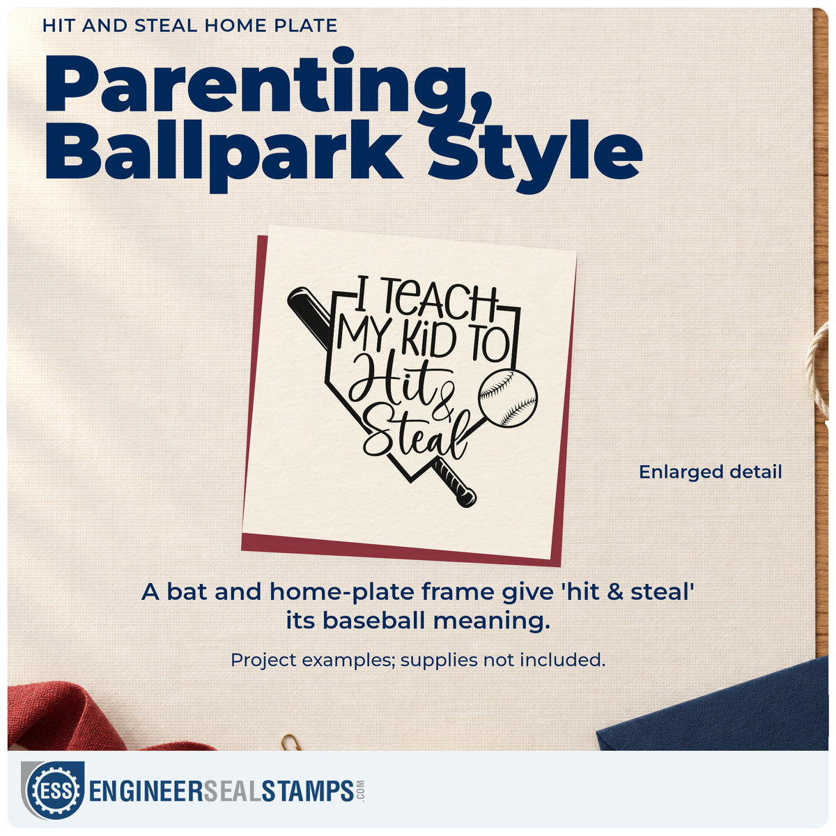 Enlarged detail of the I Teach My Kid To Hit & Steal Home Plate Stamp - Premium Vintage Pro Wooden imprint. A home plate outline, diagonal bat, and baseball surround "I teach my kid to hit & steal."