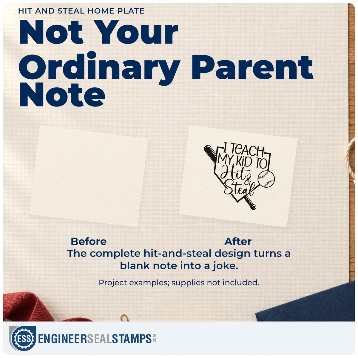 Before and after of a plain item finished with the I Teach My Kid To Hit & Steal Home Plate Compact Pre-Inked Stamp – Slim, a quick upgrade for tumbler gift cards.
