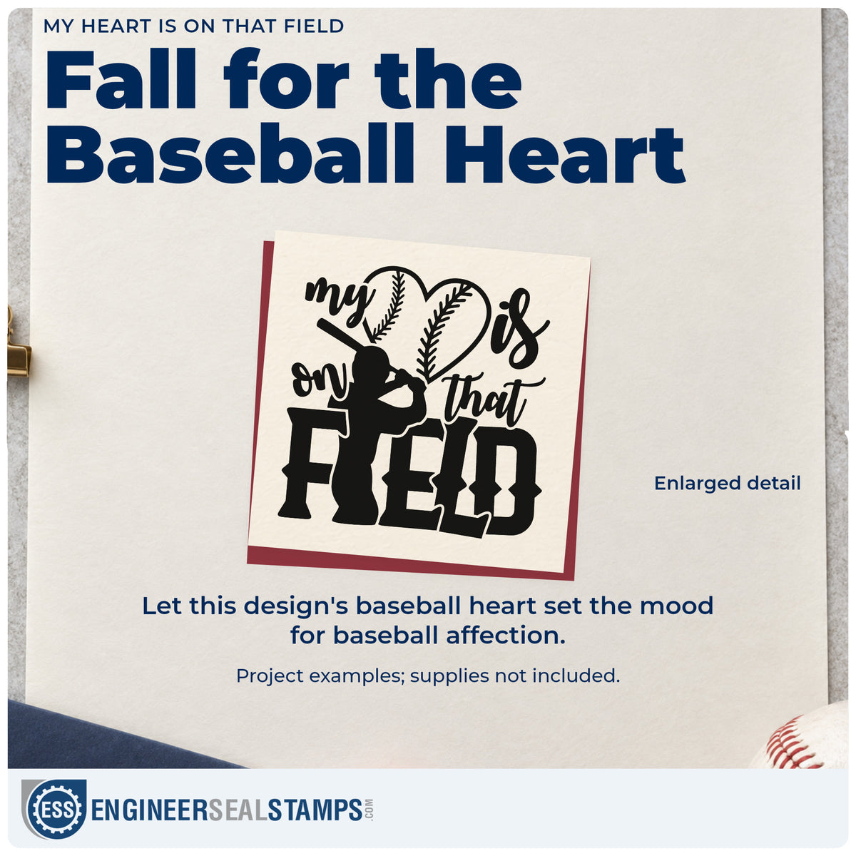 Enlarged detail of the My Heart Is On That Field Baseball Artwork Wood Handle Stamp imprint. A baseball heart and player silhouettes accompany "My heart is on that field."