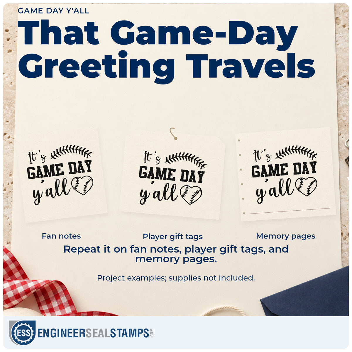 Three project examples made with the Game Day Y'all Slim Pre-Inked Stamp, including saturday scrapbooks.