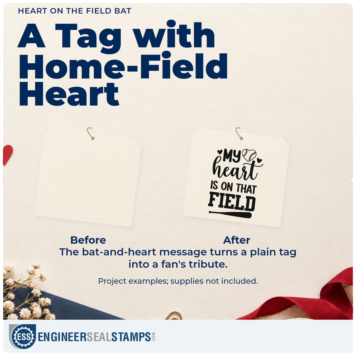 Before and after of a plain item finished with the Heart On The Field Bat Baseball Artwork PSI Pre-Inked Stamp, a quick upgrade for journal page headers.