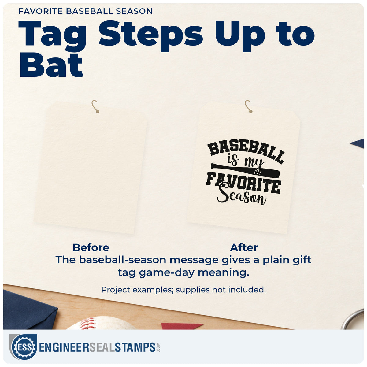 Before and after of a plain item finished with the Self-Inking Favorite Baseball Season Stamp, a quick upgrade for new glove gift tags.