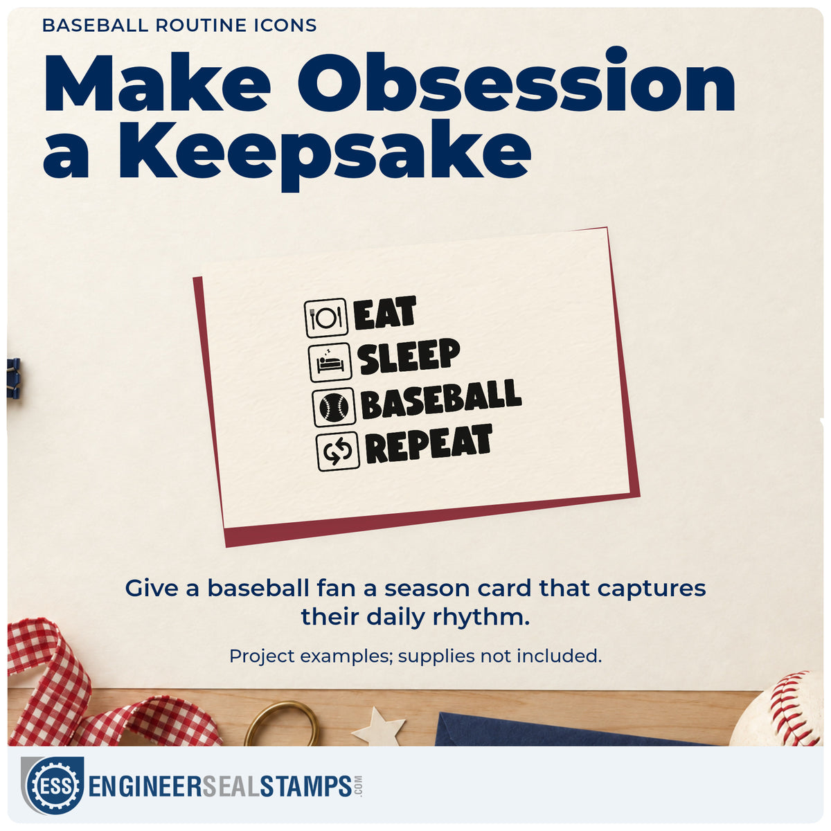 A finished handmade project stamped with the Baseball Routine Icons Arrow Slim Pre-Inked Stamp, ideal for chore chart headers.