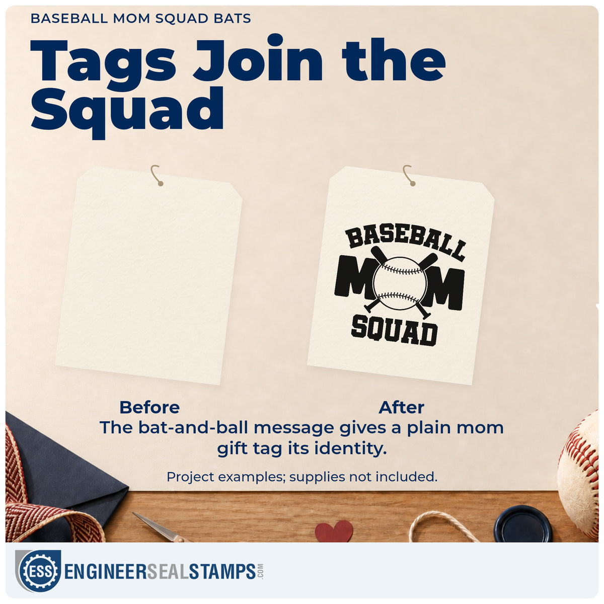 Before and after of a plain item finished with the Baseball Mom Squad Bats Rubber Stamp – Wood Handle, a quick upgrade for stadium seat cushions.