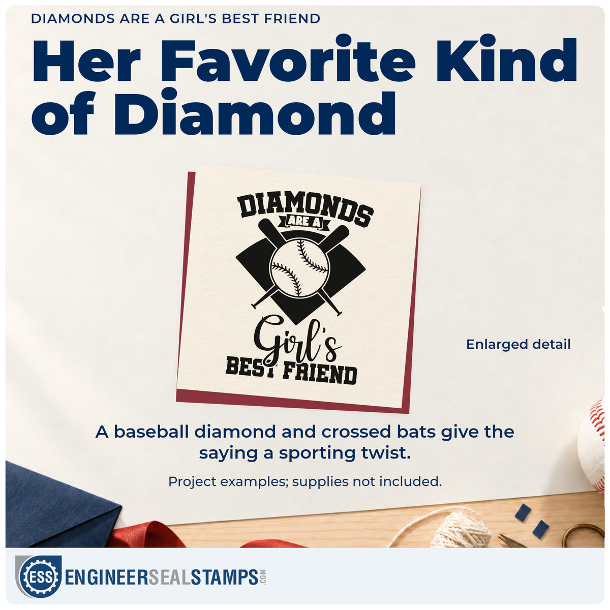 Enlarged detail of the Diamonds Are A Girl's Best Friend Premium Wood-Mounted Stamp - Vintage Pro imprint. A baseball diamond, crossed bats, and baseball accompany "Diamonds are a girl's best friend."