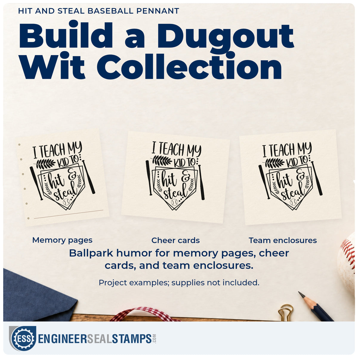 Three project examples made with the Hit And Steal Bats And Seams Pennant Stamp – Self-Inking, including scrapbook border accents.