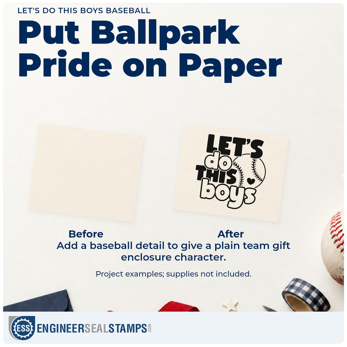 Before and after of a plain item finished with the Let's Do This Boys Baseball With Hearts Self-Inking Stamp, a quick upgrade for tournament hotel signs.