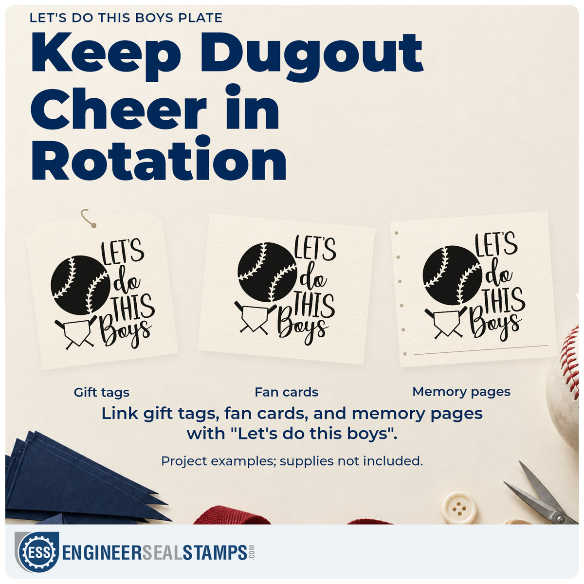 Three project examples made with the Pre-Inked Let's Do This Boys Plate Stamp – PSI, including fundraiser raffle tickets.