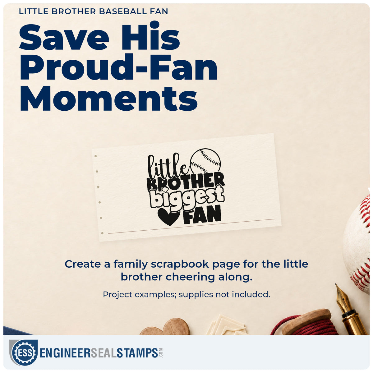 A finished handmade project stamped with the Little Brother Baseball Fan With Hearts Rubber Stamp – Duo Hand, ideal for kid fan tees.