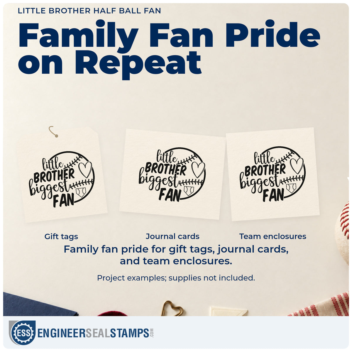 Three project examples made with the Little Brother Half Ball Fan Self-Inking Stamp, including birth announcements.