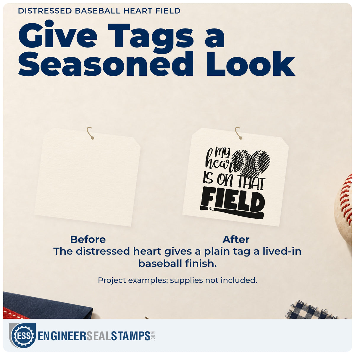 Before and after of a plain item finished with the My Heart Is On That Field Distressed Ball Stamp – Self-Inking, a quick upgrade for grandparent gift cards.