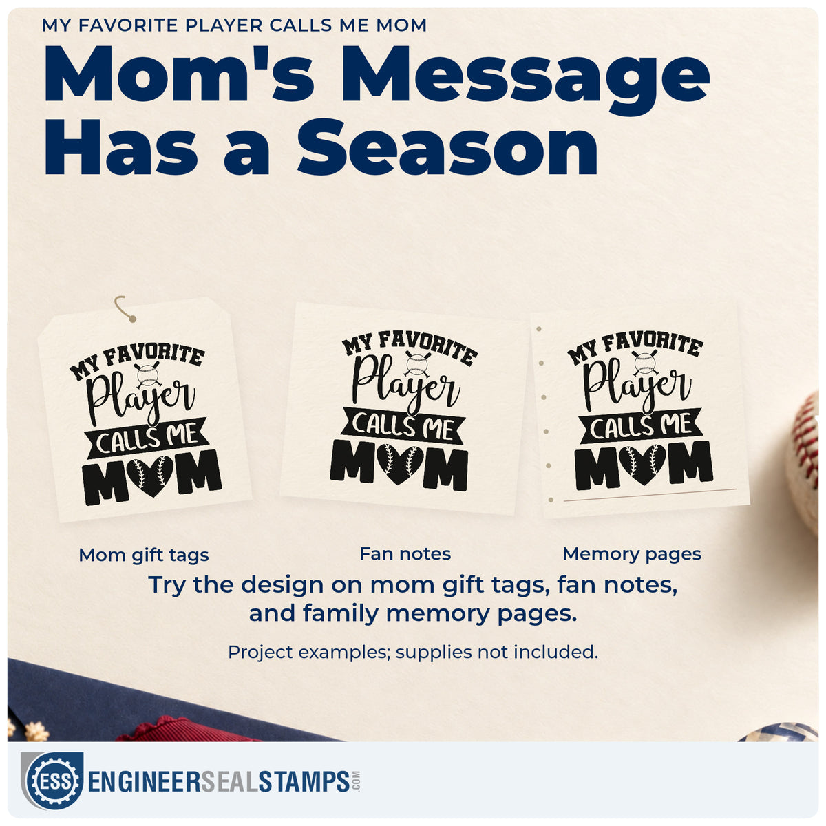 Three project examples made with the My Favorite Player Calls Me Mom Baseball Heart Rubber Stamp – Duo Hand, including birthday gift tags.