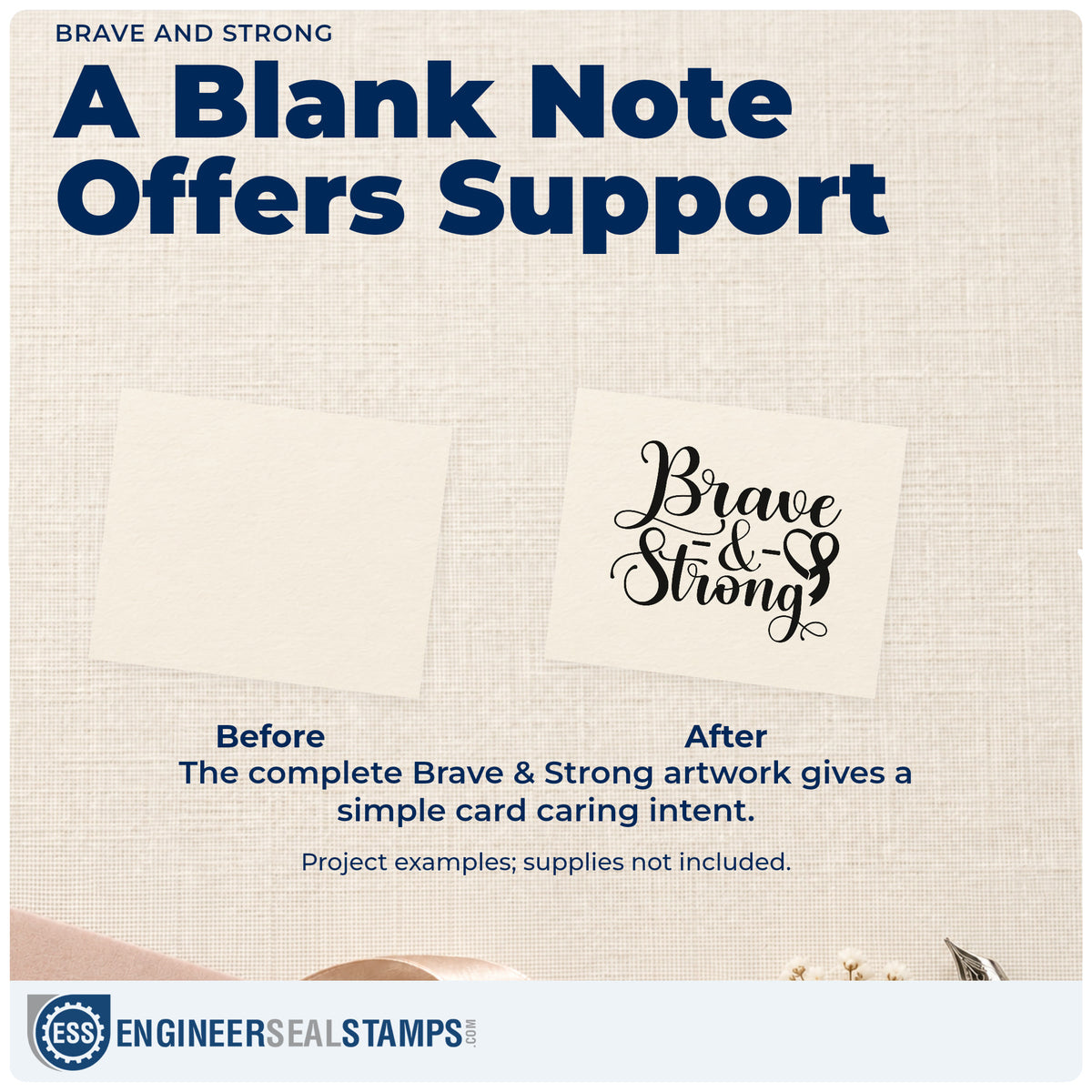 Before and after of a plain item finished with the Brave And Strong Craft Stamp – Self-Inking, a quick upgrade for fundraiser table signs.