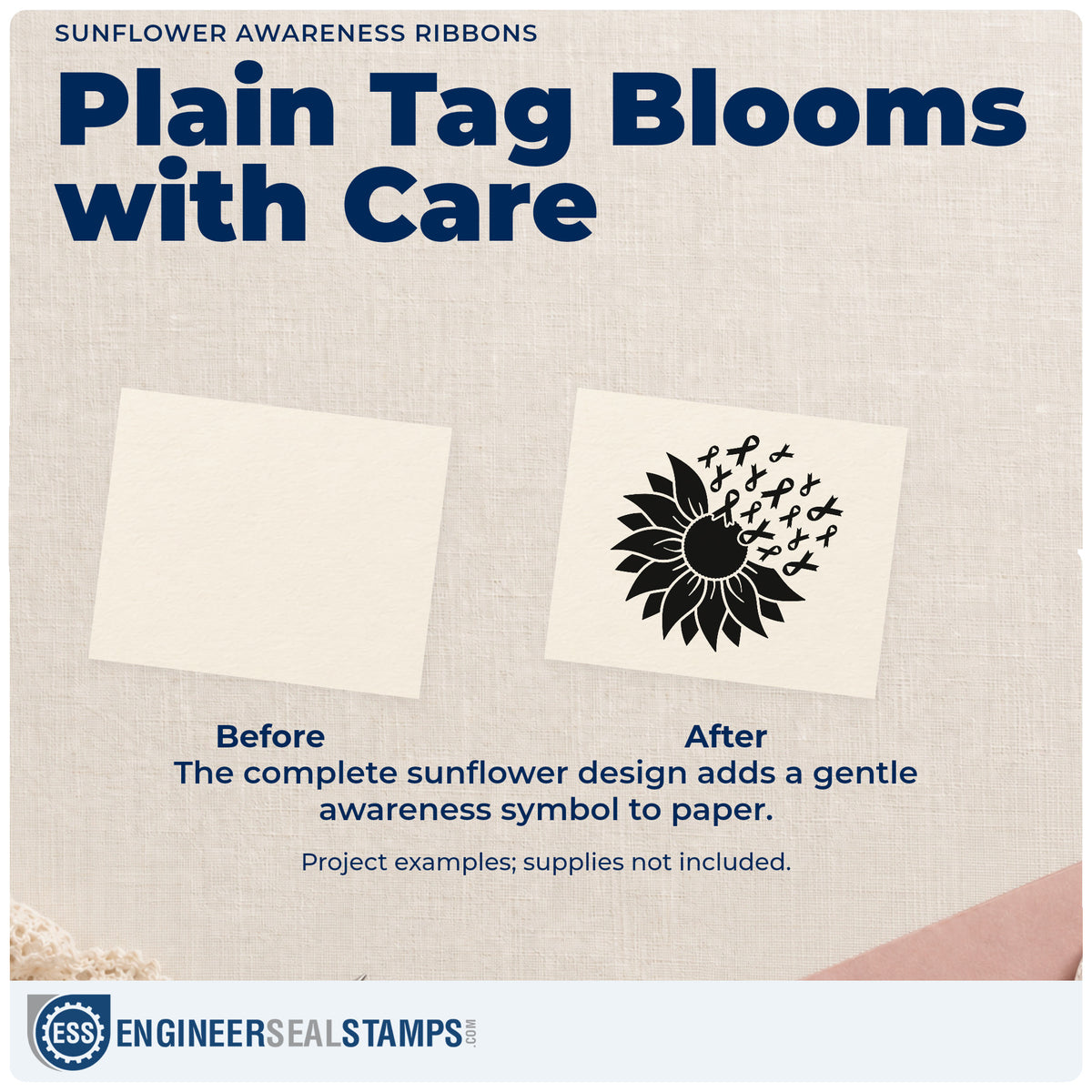 Before and after of a plain item finished with the Awareness Ribbons From A Sunflower Stamp – Slim Pre-Inked, a quick upgrade for benefit bake sale tags.