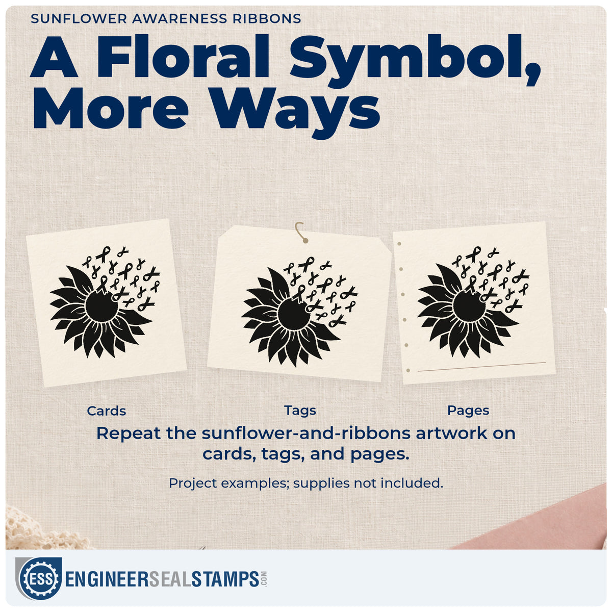 Three project examples made with the Awareness Ribbons From A Sunflower Stamp – Slim Pre-Inked, including milestone scrapbook pages.