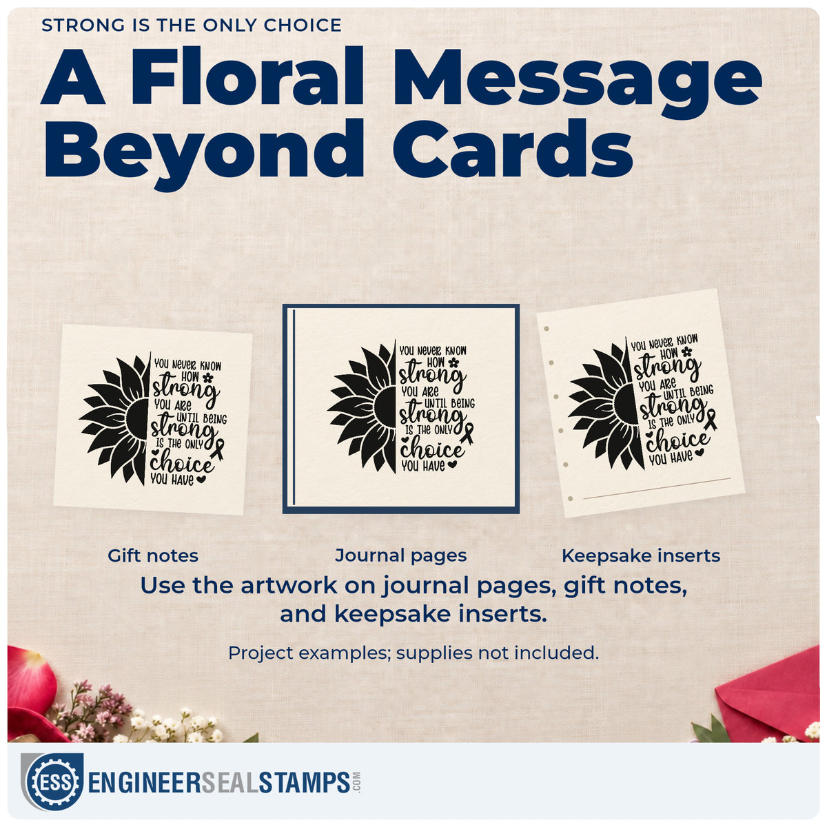 Three project examples made with the Strong Is The Only Choice Rubber Stamp – Wood Handle, including scrapbook survivor pages.
