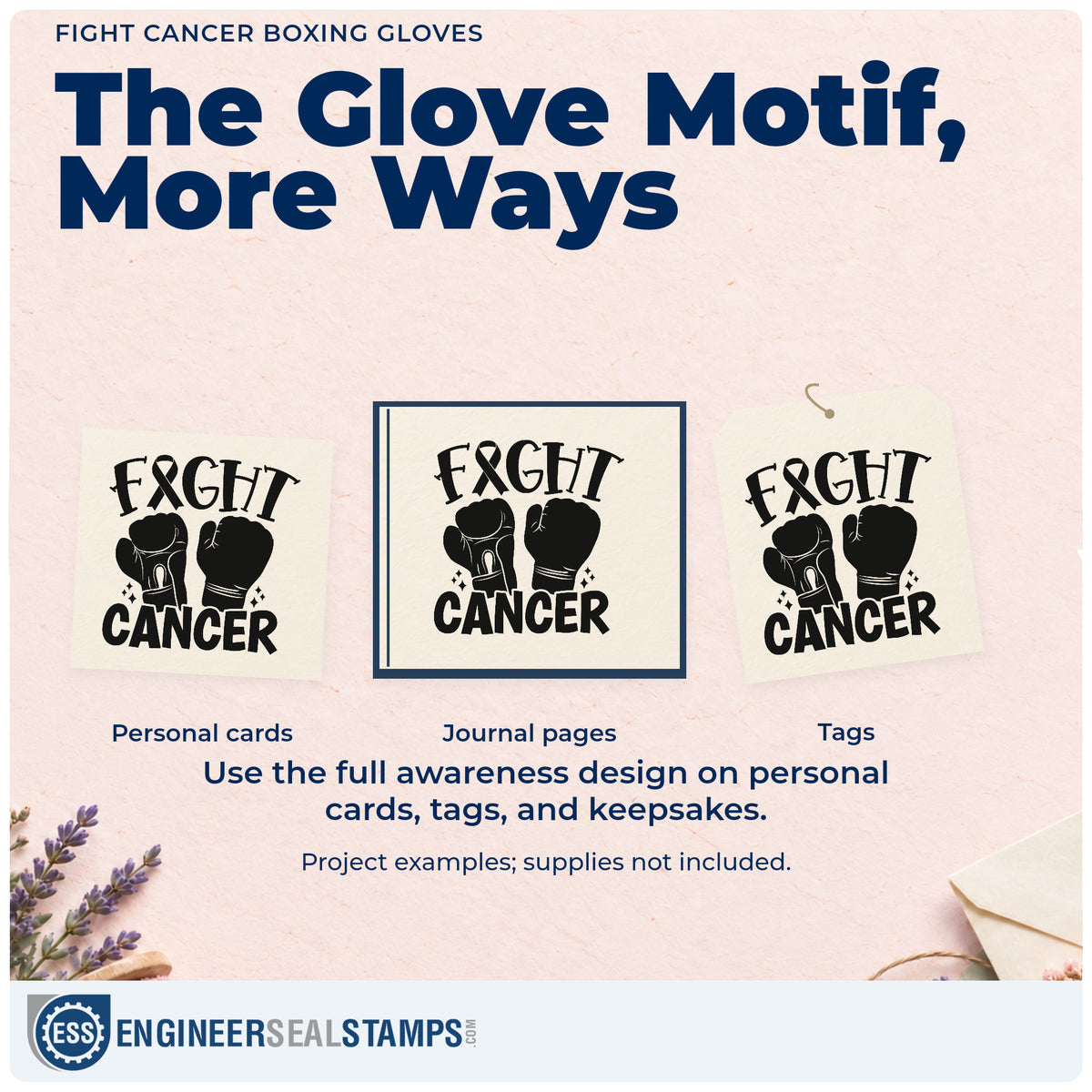 Three project examples made with the Premium Wooden Fight Cancer Boxing Gloves Awareness Ribbon Stamp - Vintage Pro, including gym fundraiser signs.