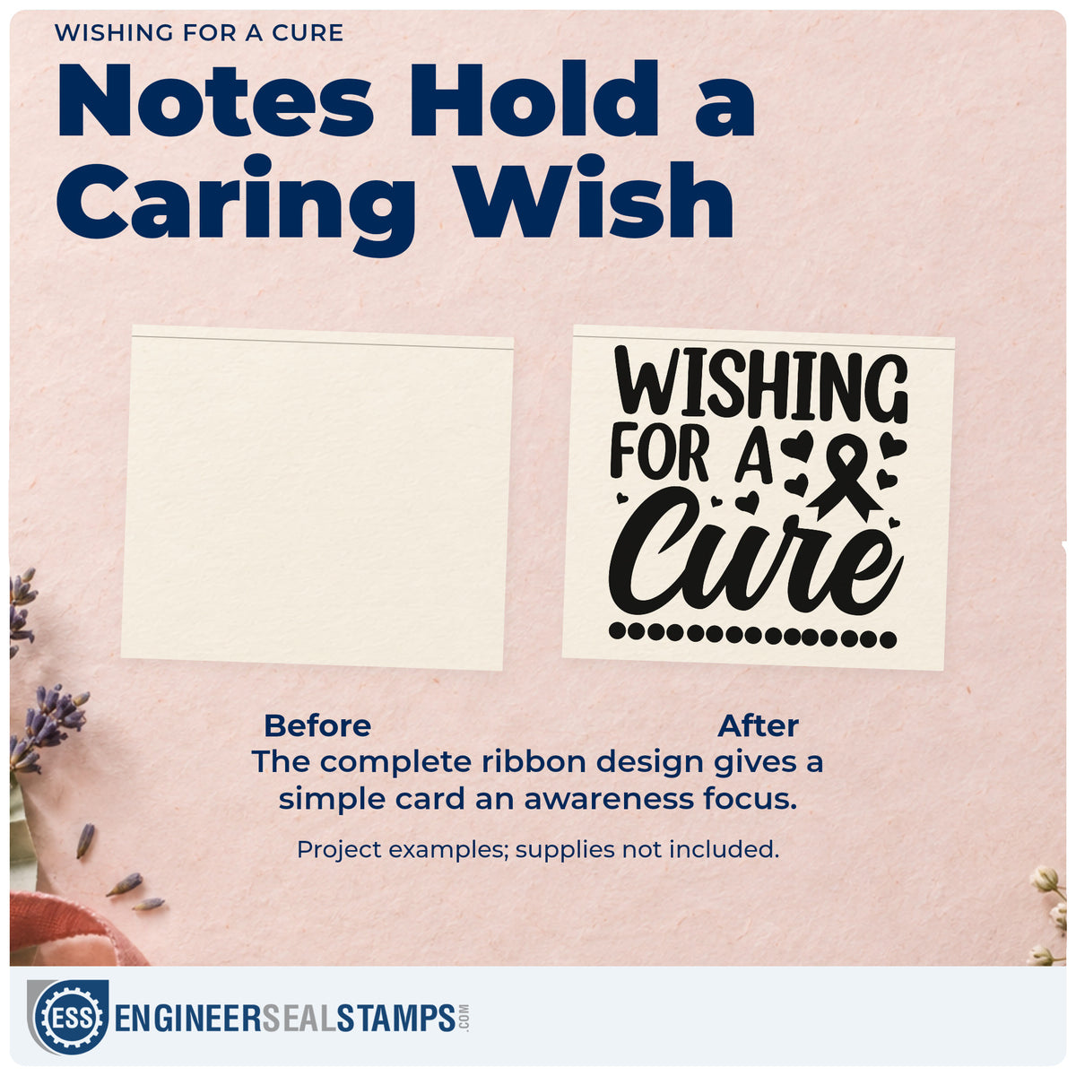 Before and after of a plain item finished with the Wishing For A Cure Rubber Stamp – Wood Handle, a quick upgrade for memorial keepsakes.