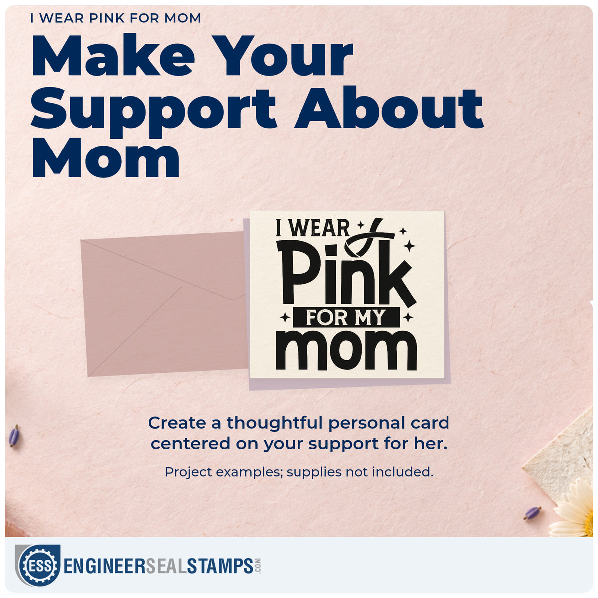 A finished handmade project stamped with the I Wear Pink For Mom Wood Handle Stamp, ideal for kids' event tees.