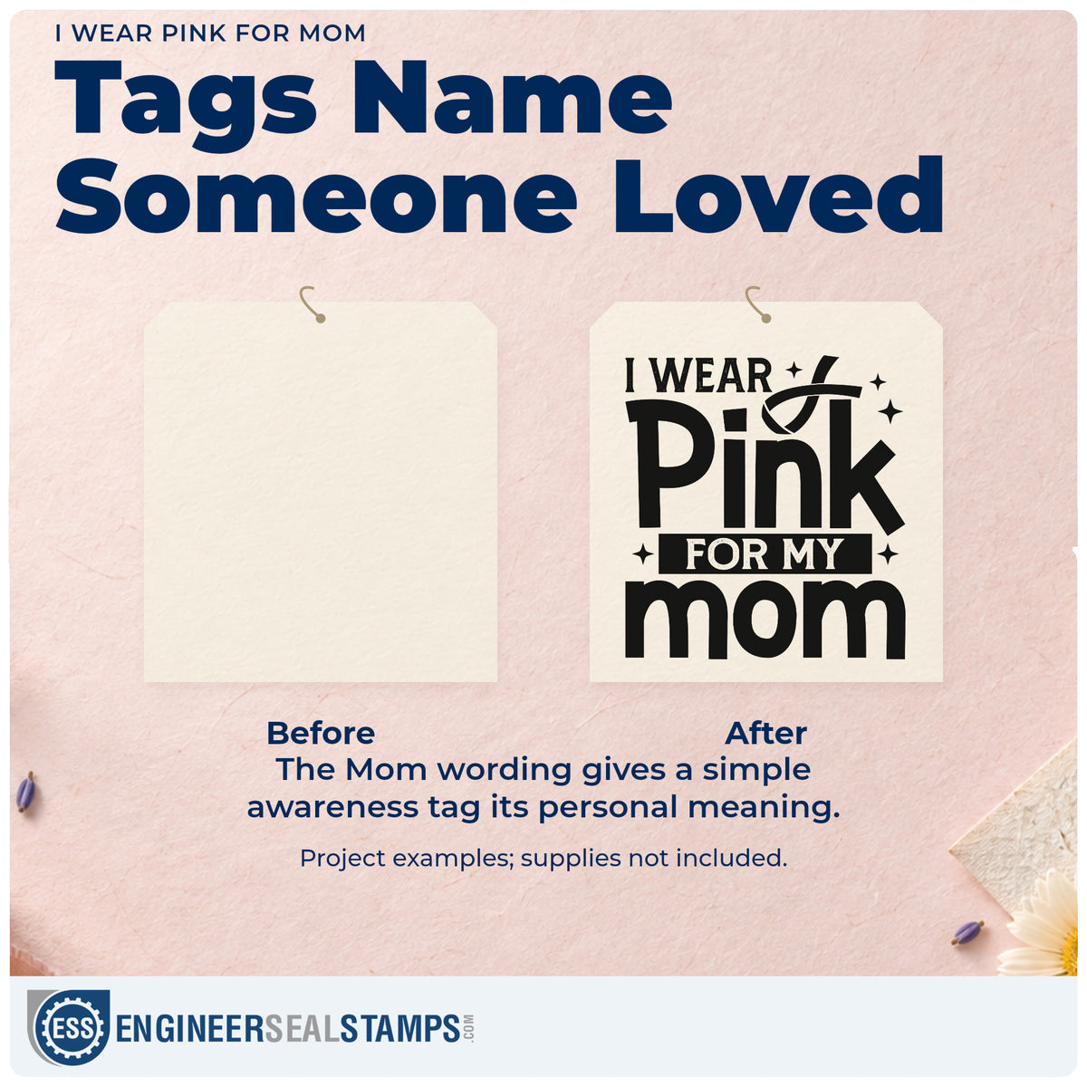 Before and after of a plain item finished with the I Wear Pink For Mom Wood Handle Stamp, a quick upgrade for sports game signs.