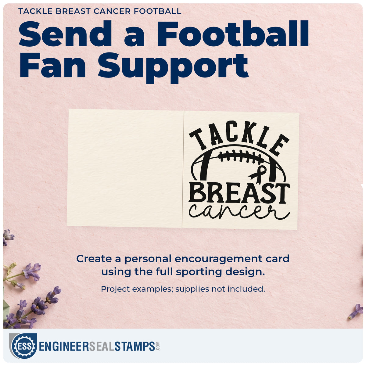 A finished handmade project stamped with the Tackle Breast Cancer Football Rubber Stamp – Duo Hand, ideal for student section signs.