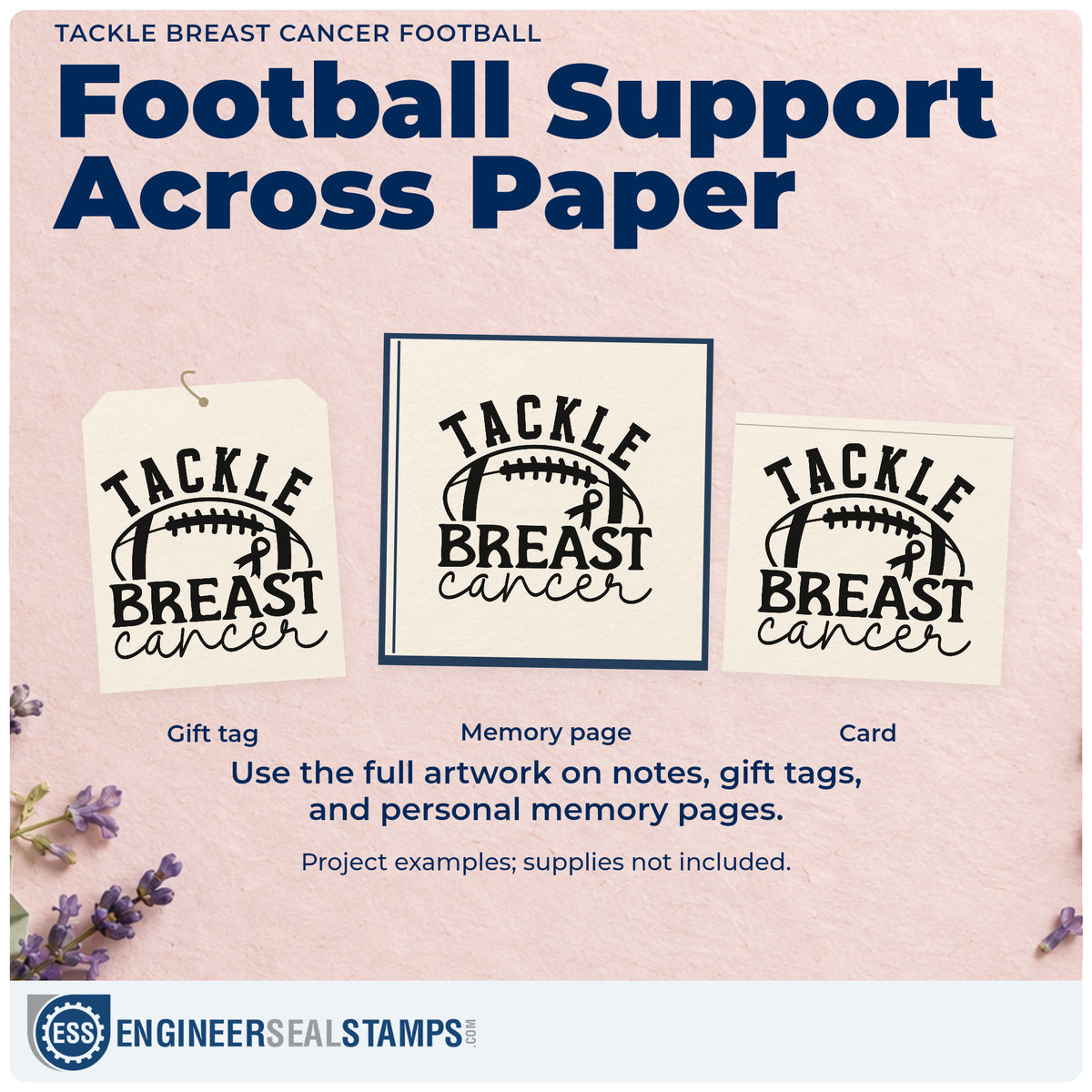 Three project examples made with the Tackle Breast Cancer Football Premium Wooden Stamp - Vintage Pro, including concession bag labels.